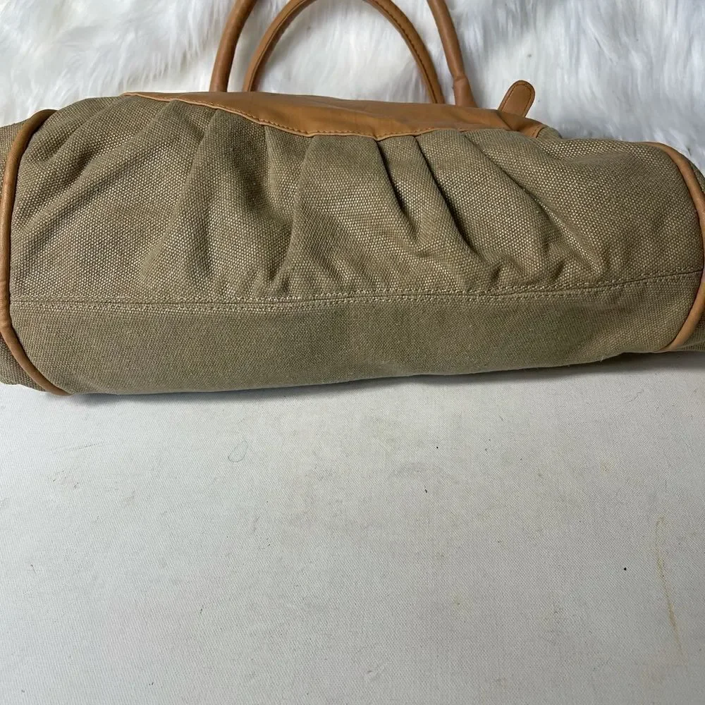 Cato canvas khaki & tan faux leather satchel  with silver tone hardwares .